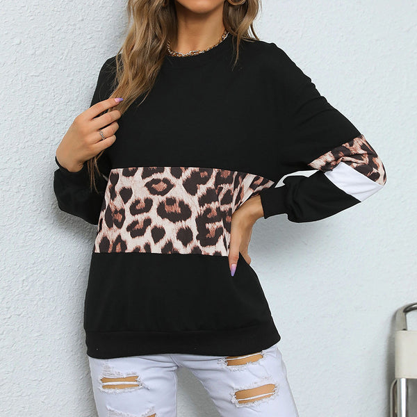 Leopard Print Color Block Long-Sleeve Pullover