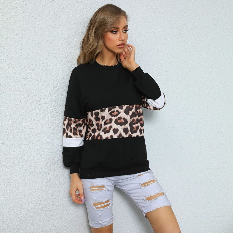 Leopard Print Color Block Long-Sleeve Pullover