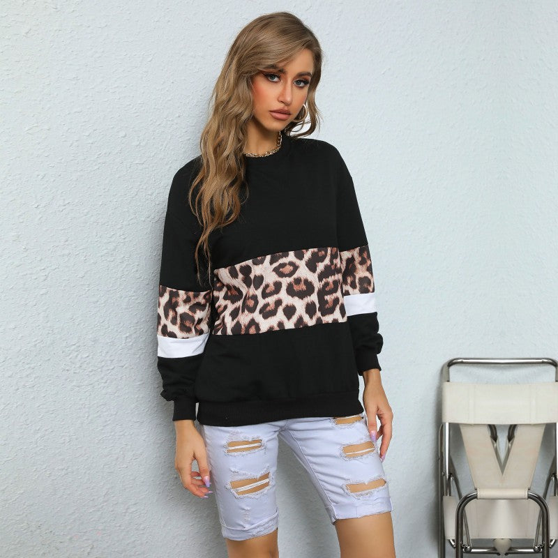 Leopard Print Color Block Long-Sleeve Pullover