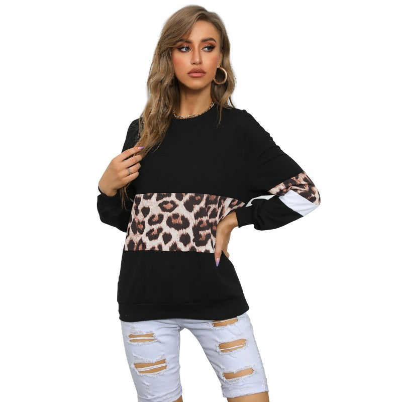 Leopard Print Color Block Long-Sleeve Pullover