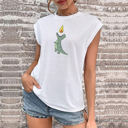 Graphic Print Crewneck T-Shirt with Cap Sleeves