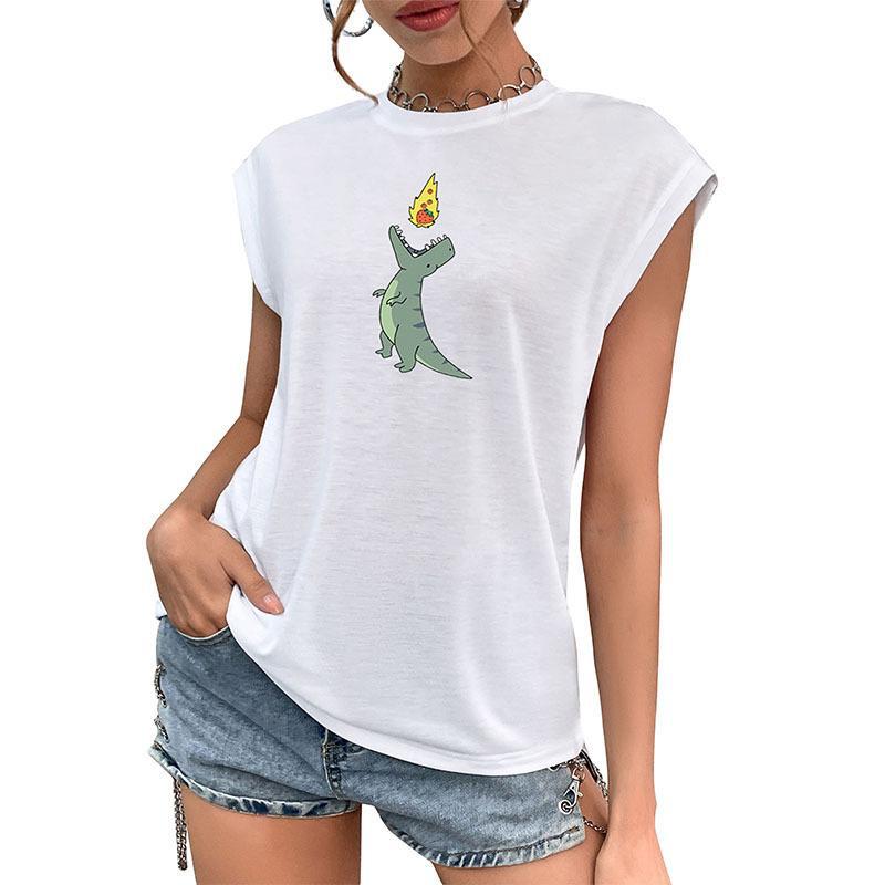 Graphic Print Crewneck T-Shirt with Cap Sleeves