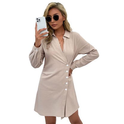 Solid Color Shirt Dress with Lapel and Button Wrap