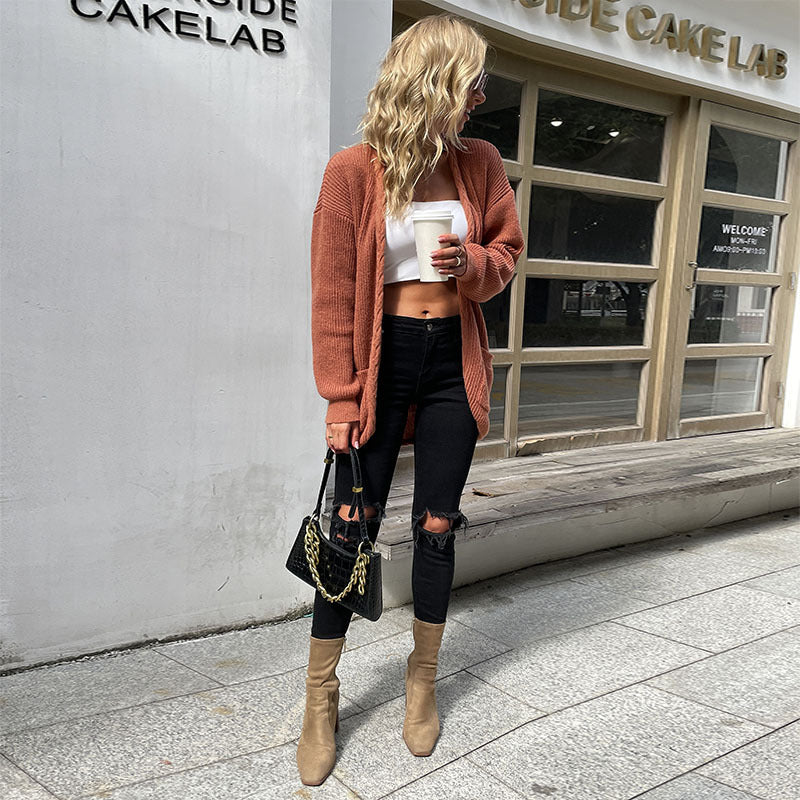 Loose Mid-Length Knit Cardigan with Braided Trim and Pockets