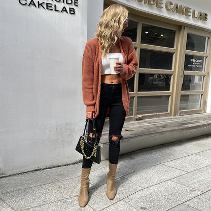 Loose Mid-Length Knit Cardigan with Braided Trim and Pockets