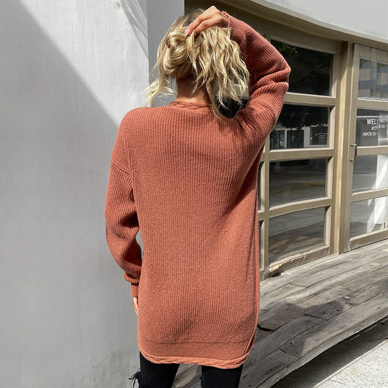 Loose Mid-Length Knit Cardigan with Braided Trim and Pockets