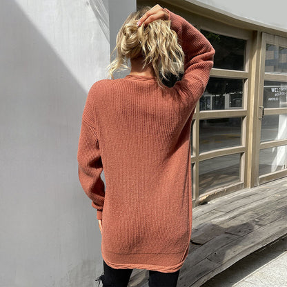 Loose Mid-Length Knit Cardigan with Braided Trim and Pockets