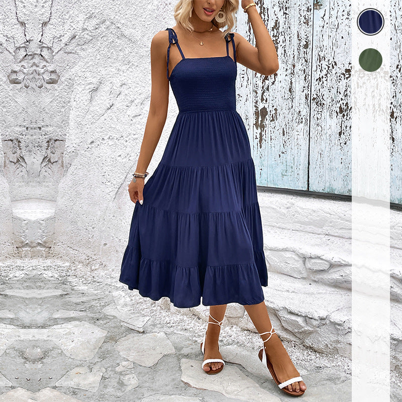 Solid Tiered Midi Dress with Smocked Bodice and Tie Straps