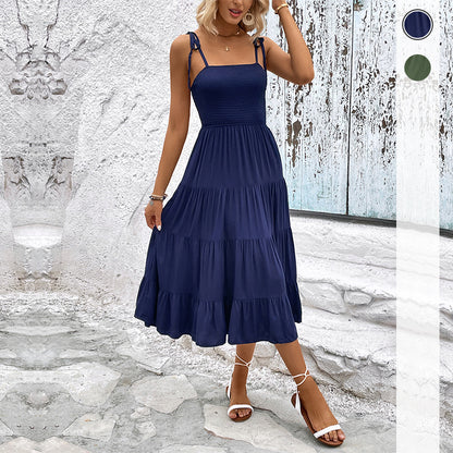 Solid Tiered Midi Dress with Smocked Bodice and Tie Straps