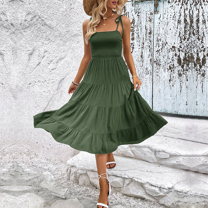 Solid Tiered Midi Dress with Smocked Bodice and Tie Straps