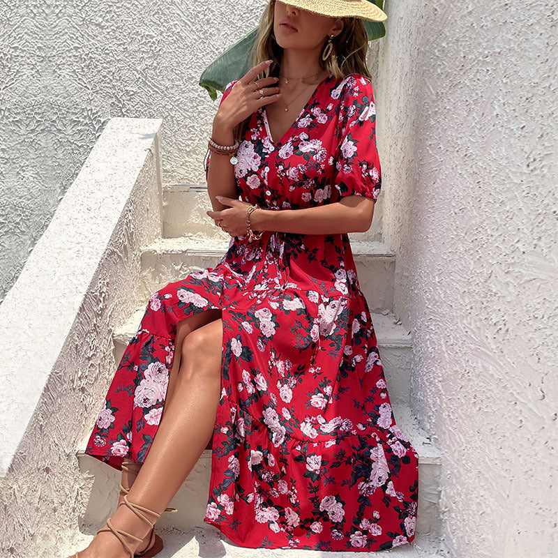 Floral Print V-Neck Midi Dress with Puff Sleeves and Front Slit
