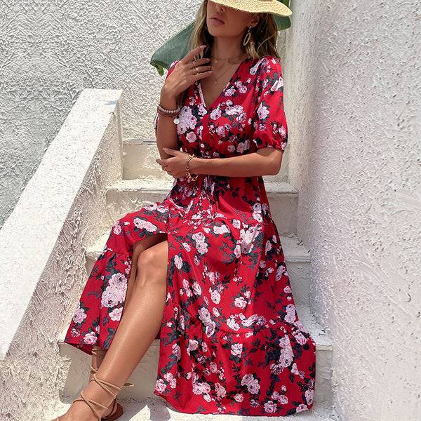 Floral Print V-Neck Midi Dress with Puff Sleeves and Front Slit