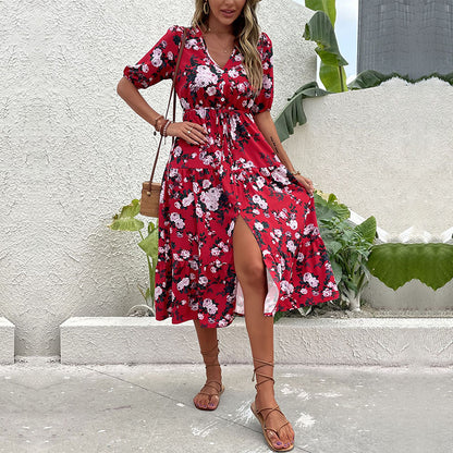 Floral Print V-Neck Midi Dress with Puff Sleeves and Front Slit