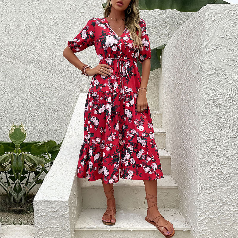 Floral Print V-Neck Midi Dress with Puff Sleeves and Front Slit