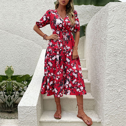 Floral Print V-Neck Midi Dress with Puff Sleeves and Front Slit