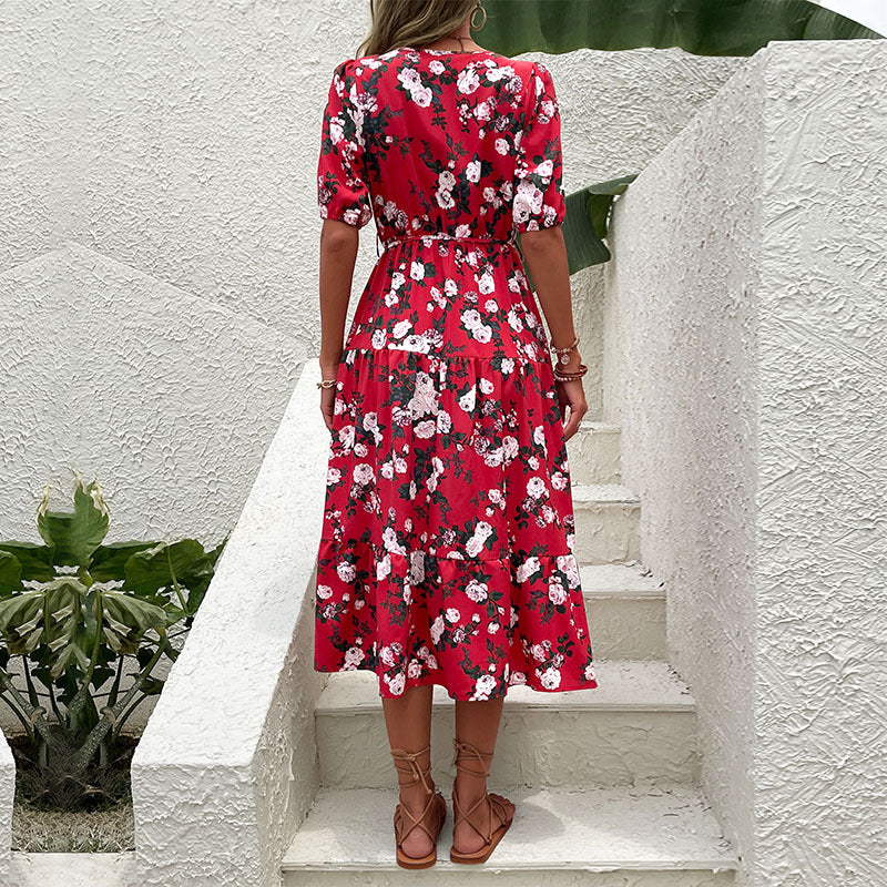 Floral Print V-Neck Midi Dress with Puff Sleeves and Front Slit
