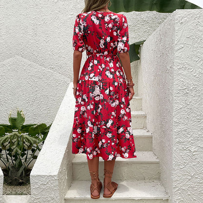 Floral Print V-Neck Midi Dress with Puff Sleeves and Front Slit