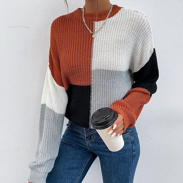 Color-Blocked Pullover Sweater with Semi-High Collar