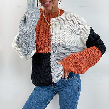 Color-Blocked Pullover Sweater with Semi-High Collar
