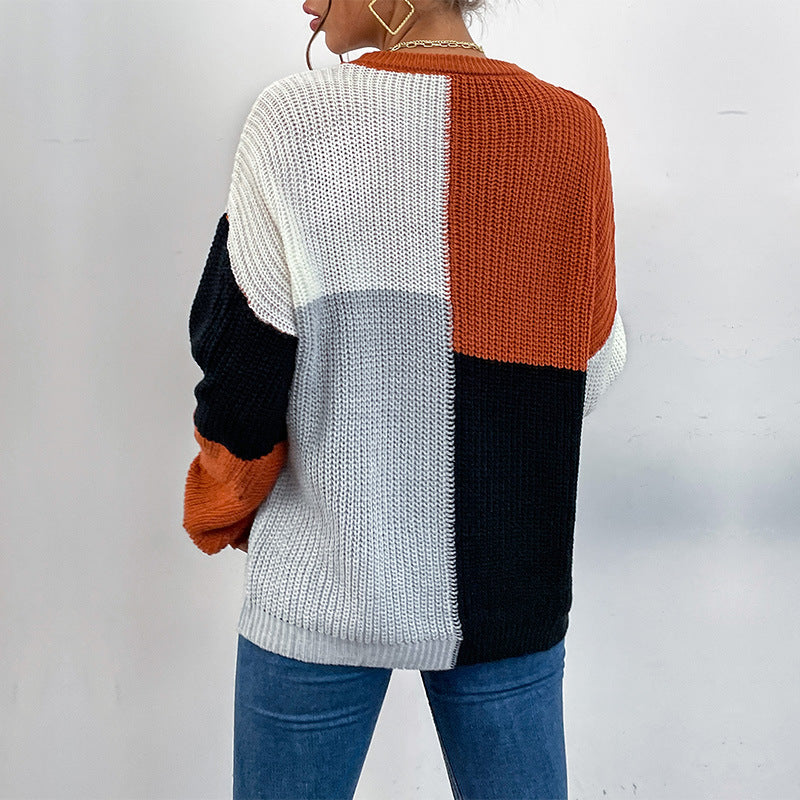 Color-Blocked Pullover Sweater with Semi-High Collar