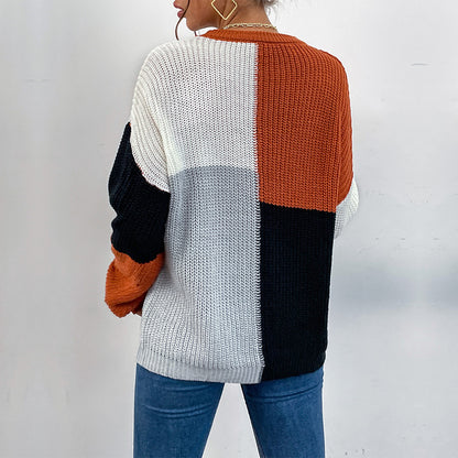 Color-Blocked Pullover Sweater with Semi-High Collar