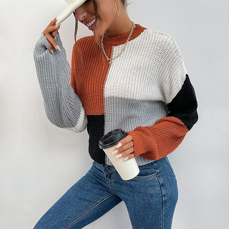 Color-Blocked Pullover Sweater with Semi-High Collar