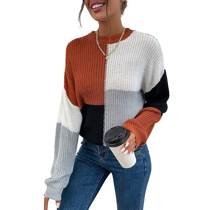 Color-Blocked Pullover Sweater with Semi-High Collar