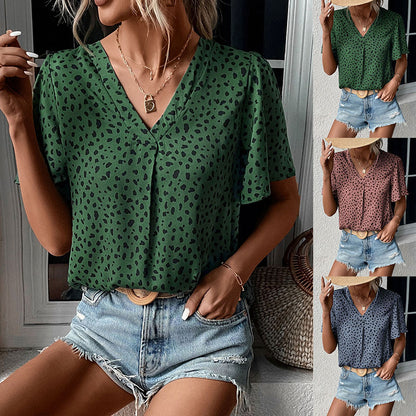 Leopard Print V-Neck Blouse with Short Sleeves