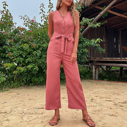 Wide-Leg Cropped Jumpsuit with Button Front and Tie Waist
