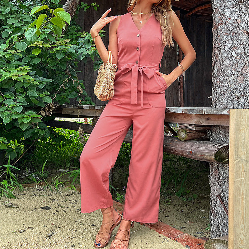 Wide-Leg Cropped Jumpsuit with Button Front and Tie Waist