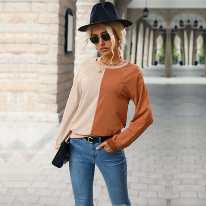 Color-Block Long-Sleeve Top with Crewneck and Relaxed Fit