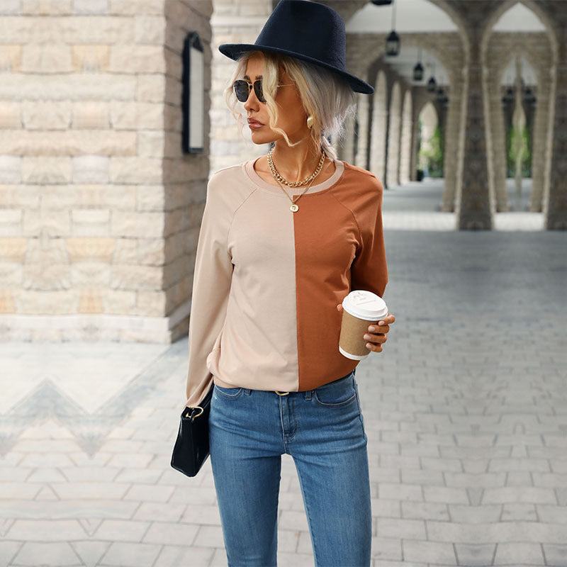 Color-Block Long-Sleeve Top with Crewneck and Relaxed Fit