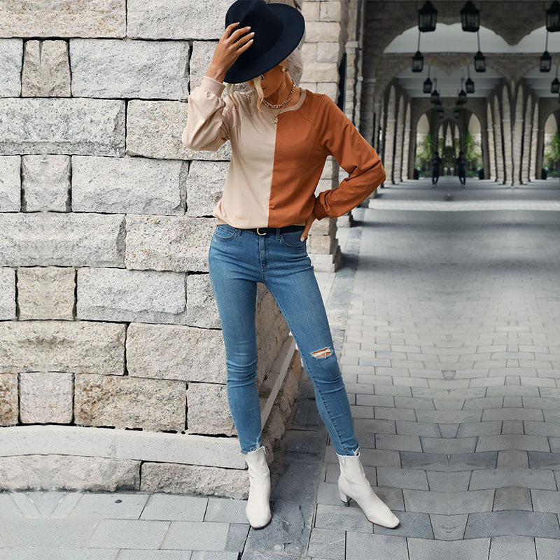 Color-Block Long-Sleeve Top with Crewneck and Relaxed Fit
