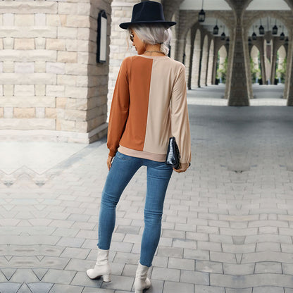 Color-Block Long-Sleeve Top with Crewneck and Relaxed Fit