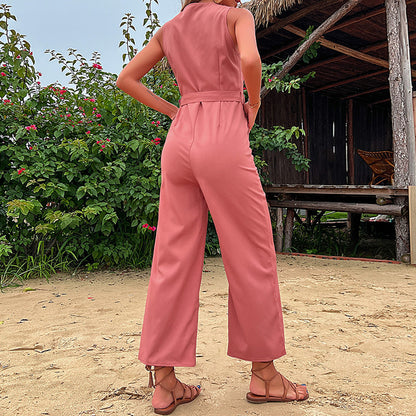 Wide-Leg Cropped Jumpsuit with Button Front and Tie Waist