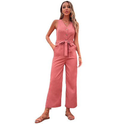 Wide-Leg Cropped Jumpsuit with Button Front and Tie Waist
