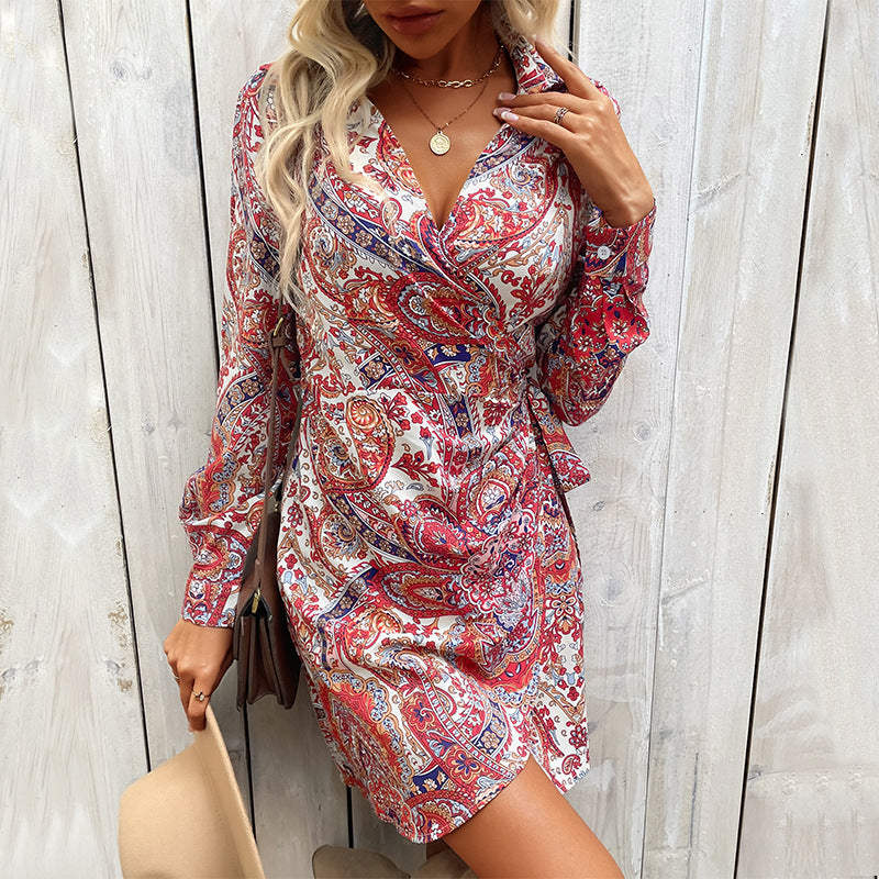 Paisley Print Wrap Dress with Long Sleeves