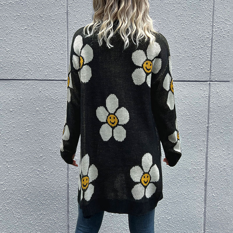 Daisy Jacquard Mid-Length Cardigan with Button Front