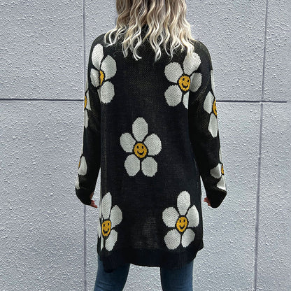Daisy Jacquard Mid-Length Cardigan with Button Front