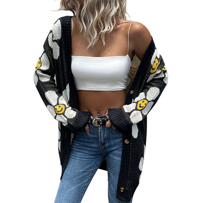 Daisy Jacquard Mid-Length Cardigan with Button Front