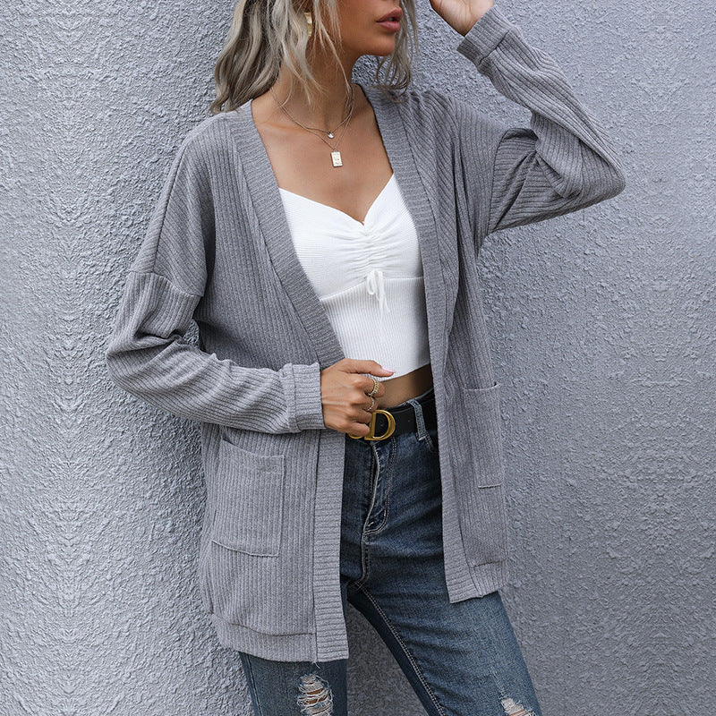 Loose Ribbed Cardigan with Open Front and Patch Pockets