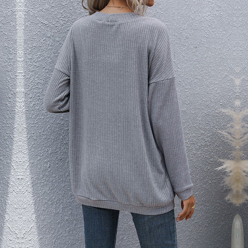 Loose Ribbed Cardigan with Open Front and Patch Pockets