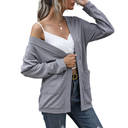Loose Ribbed Cardigan with Open Front and Patch Pockets