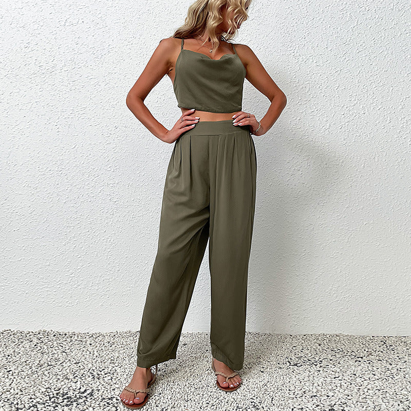 Solid Two-Piece Set with Cowl Neck Camisole and Wide-Leg Pants