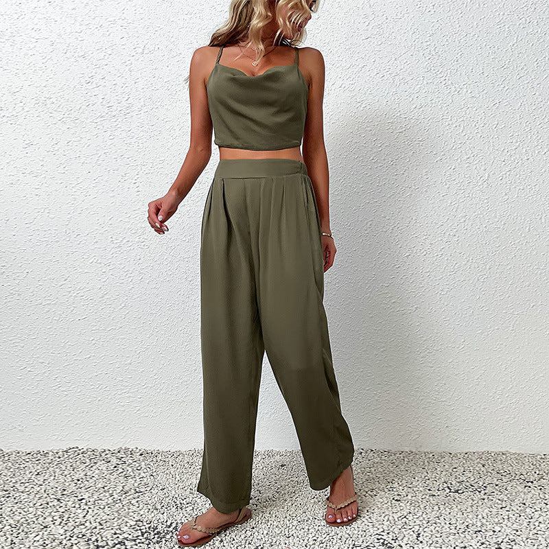 Solid Two-Piece Set with Cowl Neck Camisole and Wide-Leg Pants