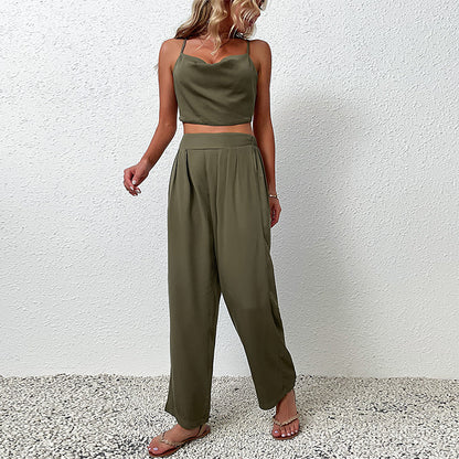 Solid Two-Piece Set with Cowl Neck Camisole and Wide-Leg Pants