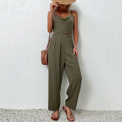 Solid Two-Piece Set with Cowl Neck Camisole and Wide-Leg Pants