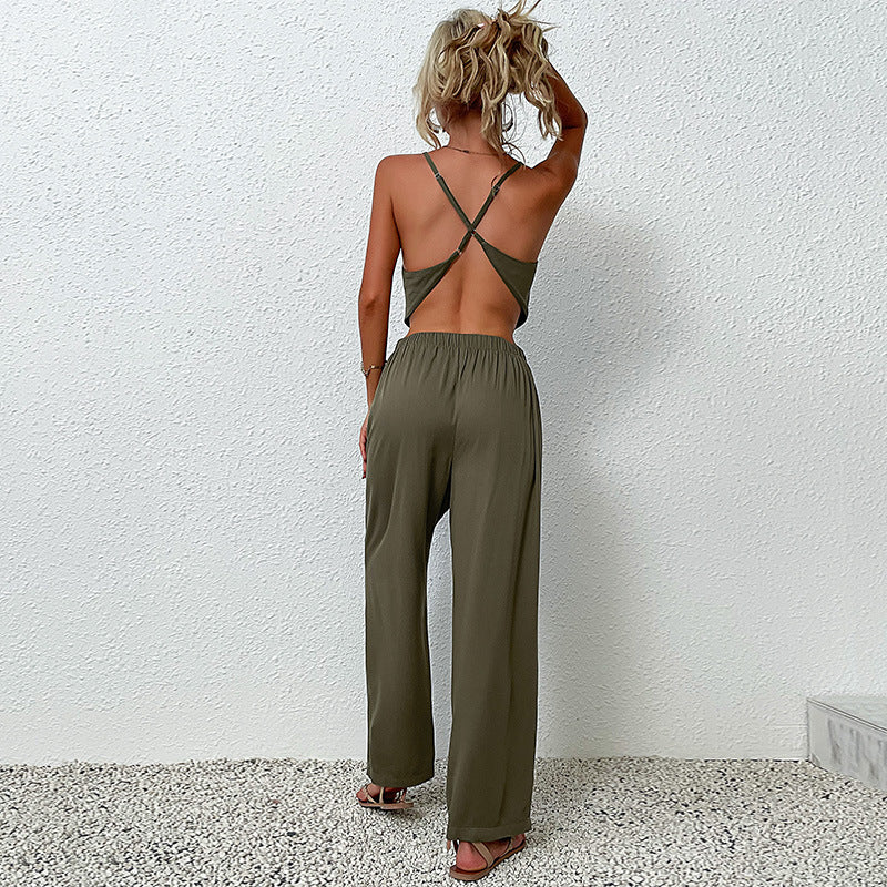 Solid Two-Piece Set with Cowl Neck Camisole and Wide-Leg Pants
