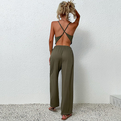 Solid Two-Piece Set with Cowl Neck Camisole and Wide-Leg Pants