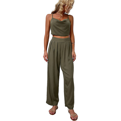 Solid Two-Piece Set with Cowl Neck Camisole and Wide-Leg Pants